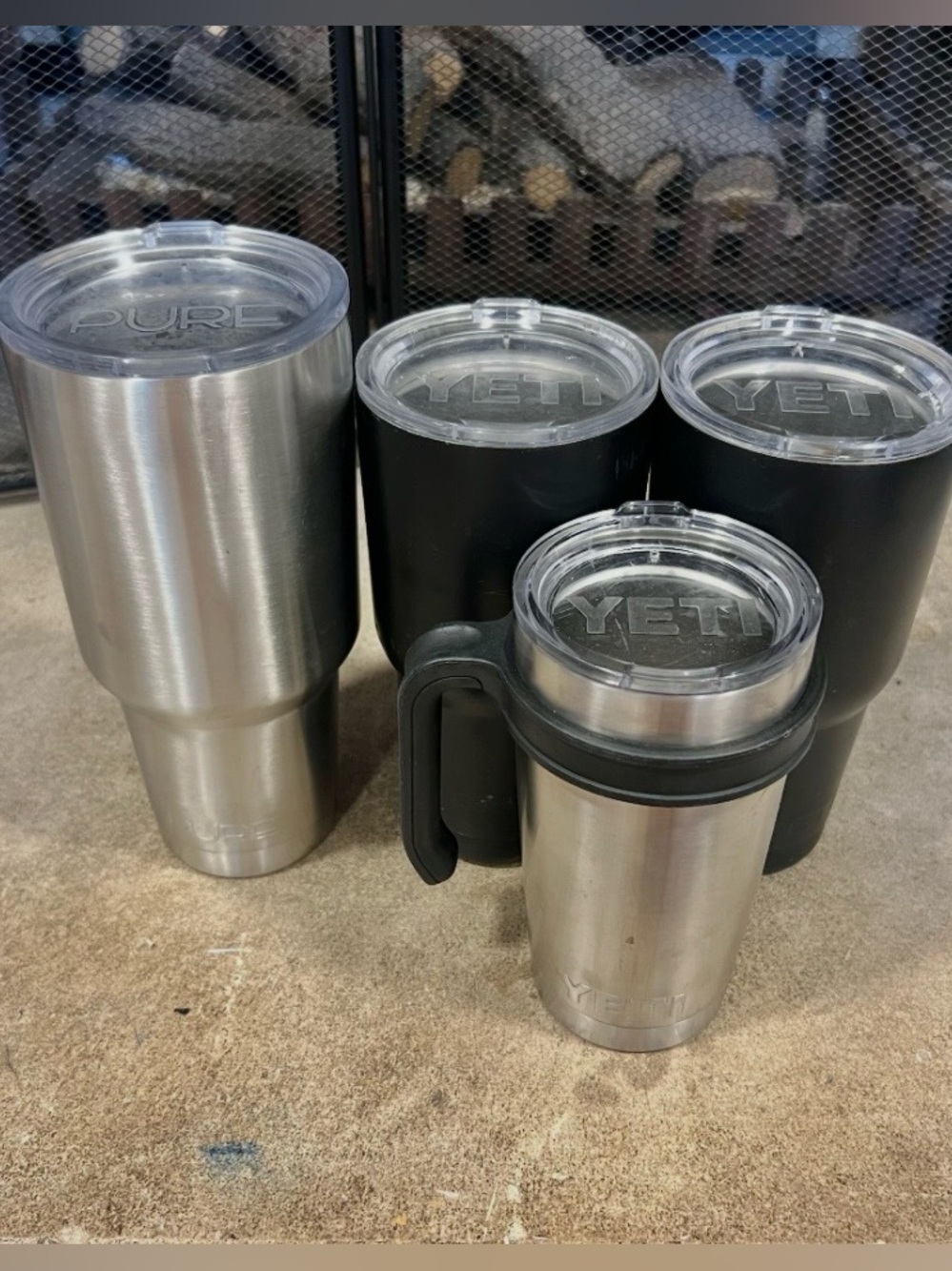 3 YETI & 1 PURE Insulated Tumbler Lot of Stainless Steel Travel Cups w/ Lids